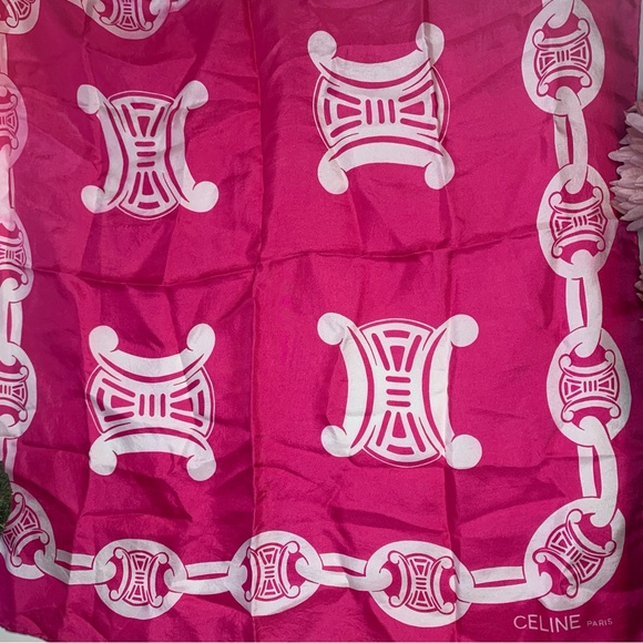 Celine Fuchsia Silk Scarf with White Chain Design - Picture 1 of 17